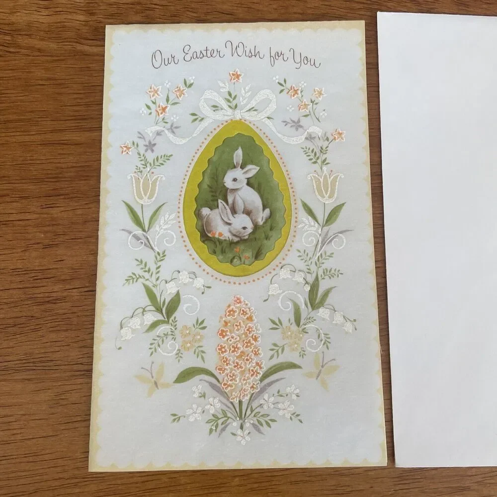Vtg Buzza Cardozo Rabbit Parchment Easter Spring Die Cut Glitter Greeting Card